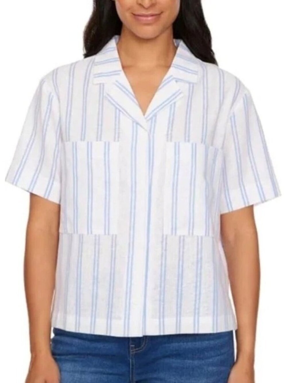 NWT Buffalo Women's XL David Bitton Linen Blend Short Sleeve Utility Top Striped